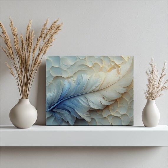 Feather Canvas Wall Art Minimalist Abstract Blue White Nature Decor Modern Textured Artwork For Living Room Bedroom Office
