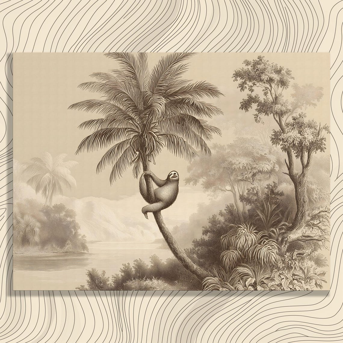 Vintage Sloth Canvas Wall Art Tropical Palm Tree Sepia Jungle Landscape Wildlife Print Coastal Botanical Decor Engraving Style