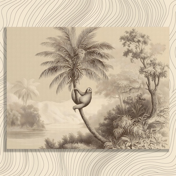 Vintage Sloth Canvas Wall Art Tropical Palm Tree Sepia Jungle Landscape Wildlife Print Coastal Botanical Decor Engraving Style