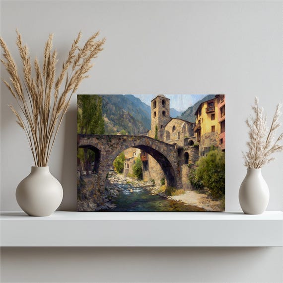 Stone Bridge Village Canvas Wall Art Mountain Arch River Landscape Print Traditional Painting Rustic Decor Gift