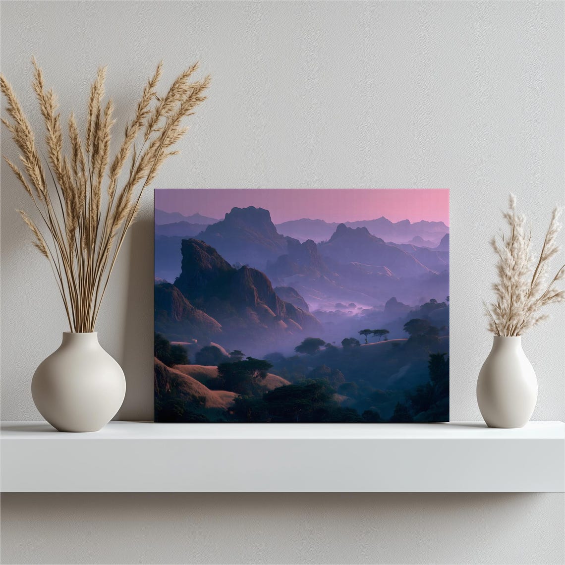 Misty Lavender Mountain Sunrise Pastel Hillside Landscape Print
