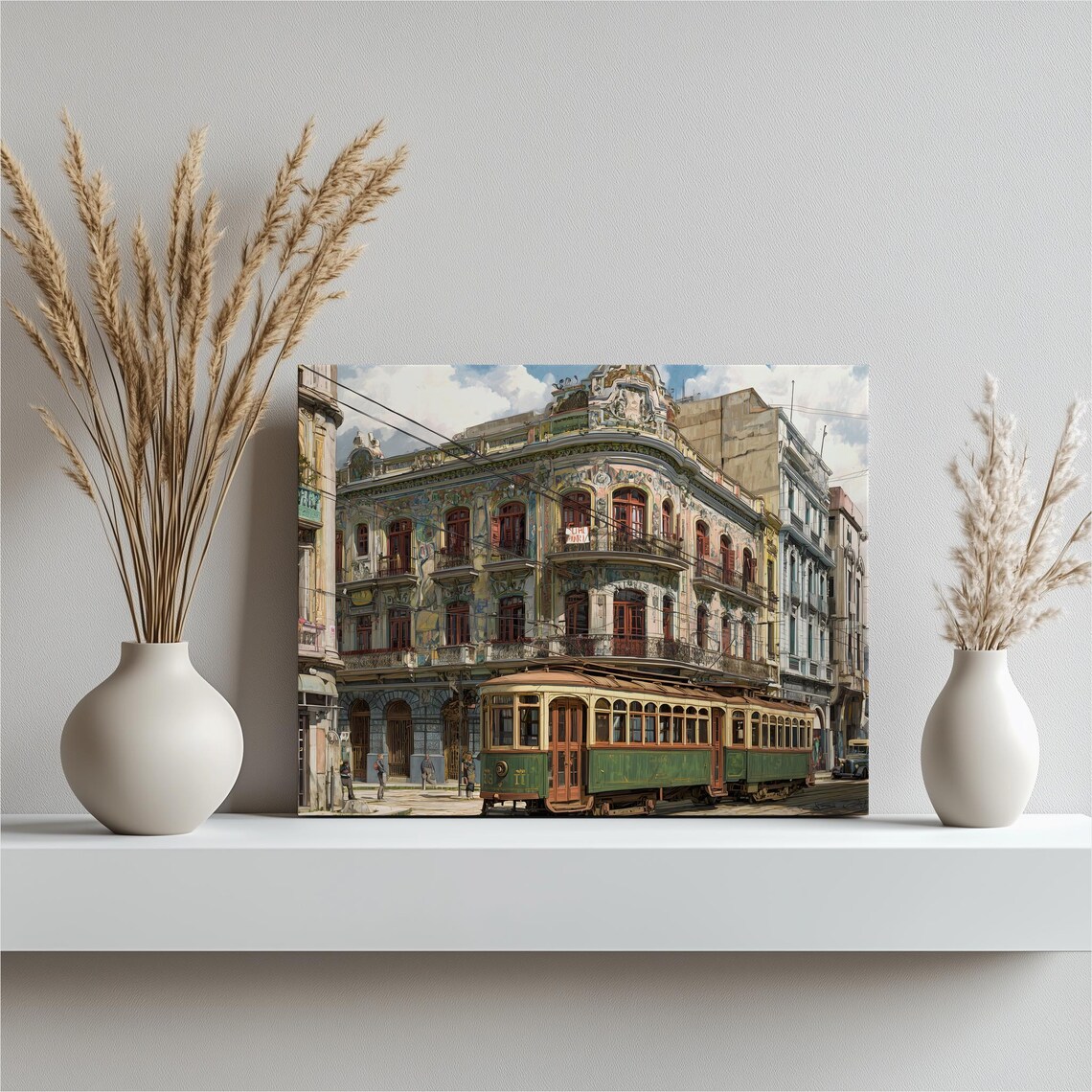 Vintage Tram Cityscape Canvas Wall Art Nouveau Architecture Streetcar Print Historic Building Cobblestone Street Urban City Decor