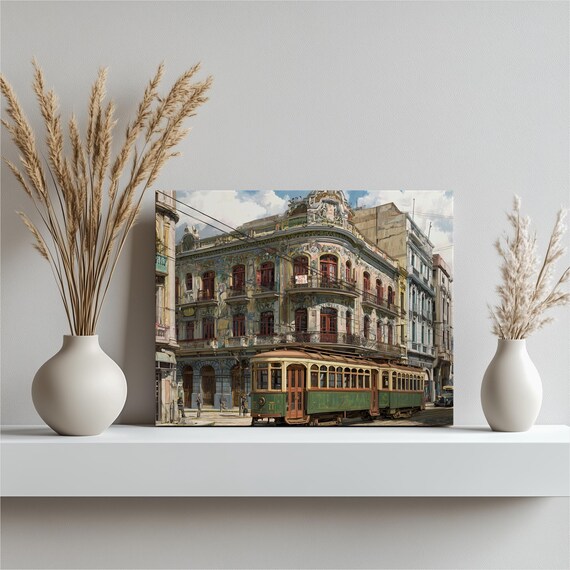 Vintage Tram Cityscape Canvas Wall Art Nouveau Architecture Streetcar Print Historic Building Cobblestone Street Urban City Decor