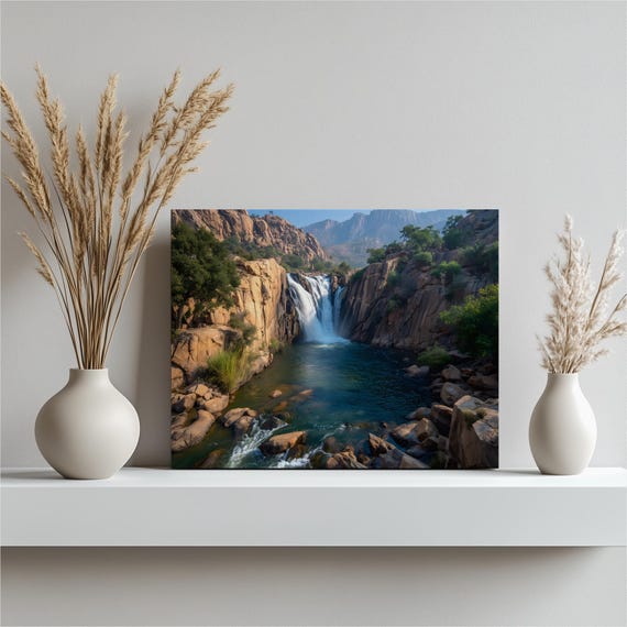 Waterfall Landscape Canvas Wall Art Colorful Mountain River Scenery With Rugged Cliffs Lush Forest Trees Nature Print Canyon View
