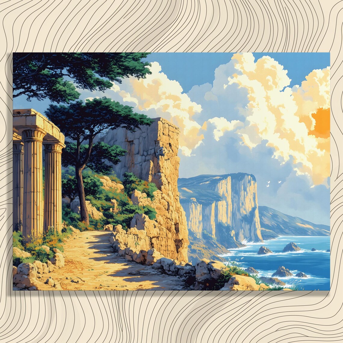 Mediterranean Coast Greek Temple Ruins Vintage Travel Art Poster