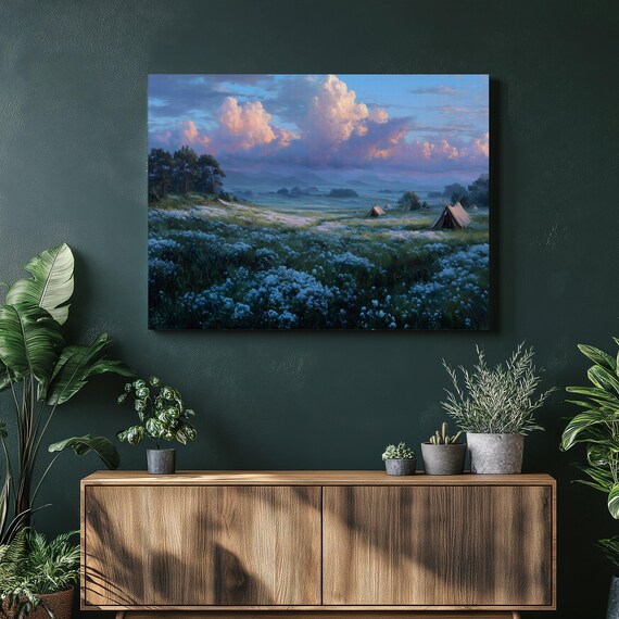 Misty Dawn Meadow Wildflowers Tents Peaceful Landscape Art Print