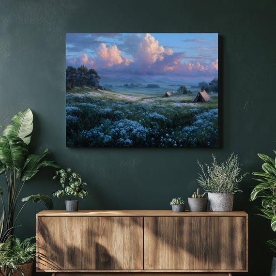 Serene Camping Meadow Canvas Wall Art Colorful Dawn Sky Tents Among Wildflowers Nature Landscape Cloudscape Mountain Vistas Rustic Decor