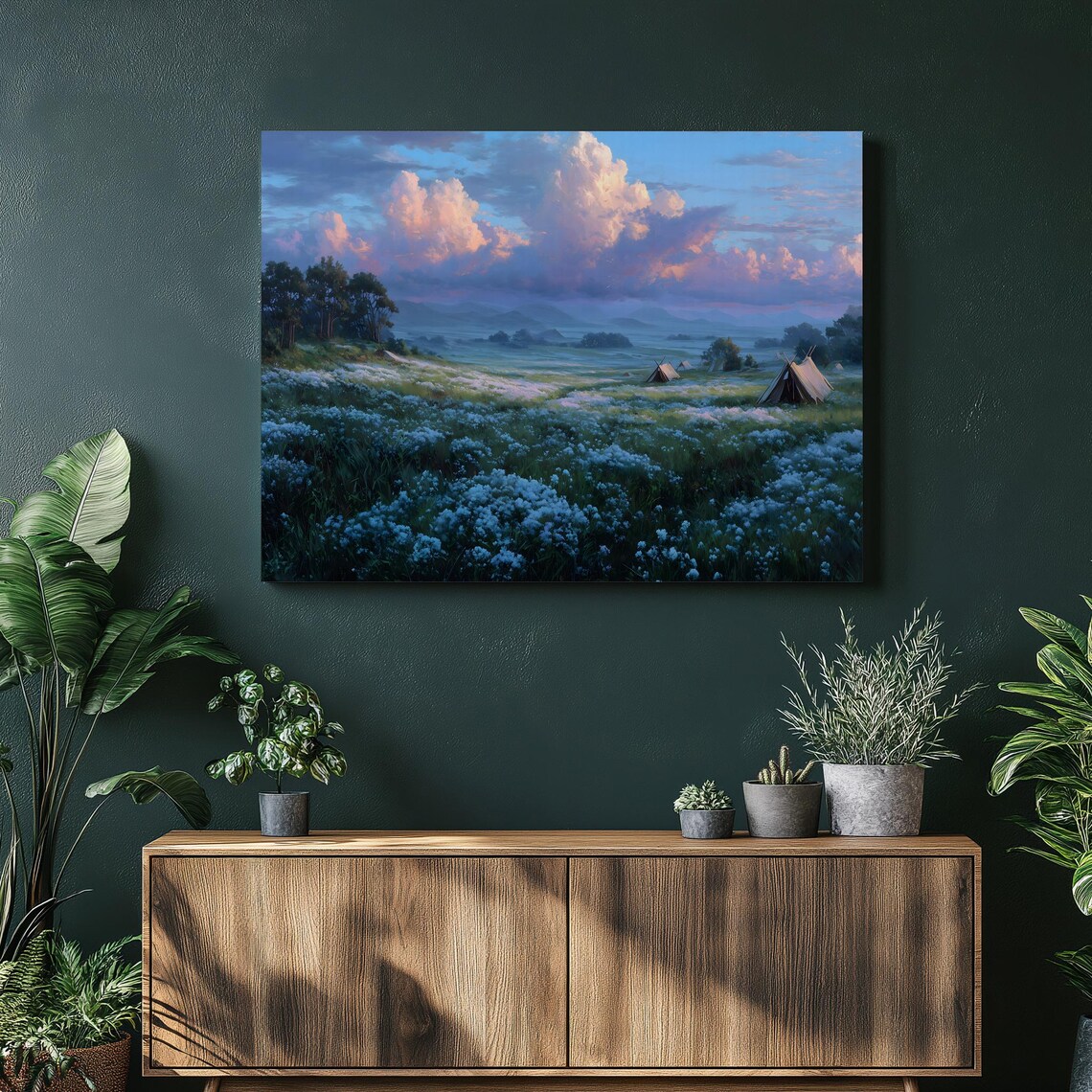 Misty Dawn Meadow Wildflowers Tents Peaceful Landscape Art Print