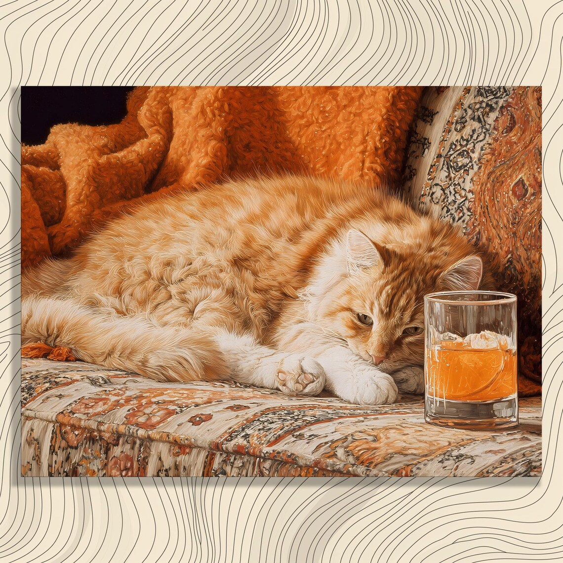 Ginger Cat Lounging on Vintage Couch Beside a Glass of Whiskey Poster