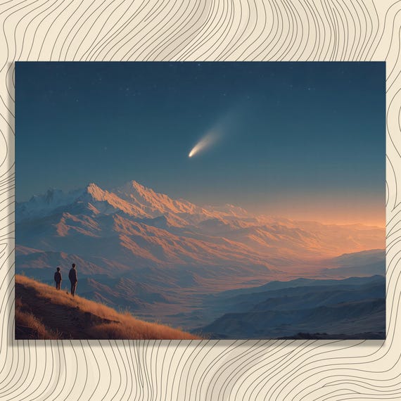 Comet Mountain Sunset Canvas Wall Art Stargazing Landscape Print Celestial Decor Starry Sky Poster Colorful Scene Adventure Gift