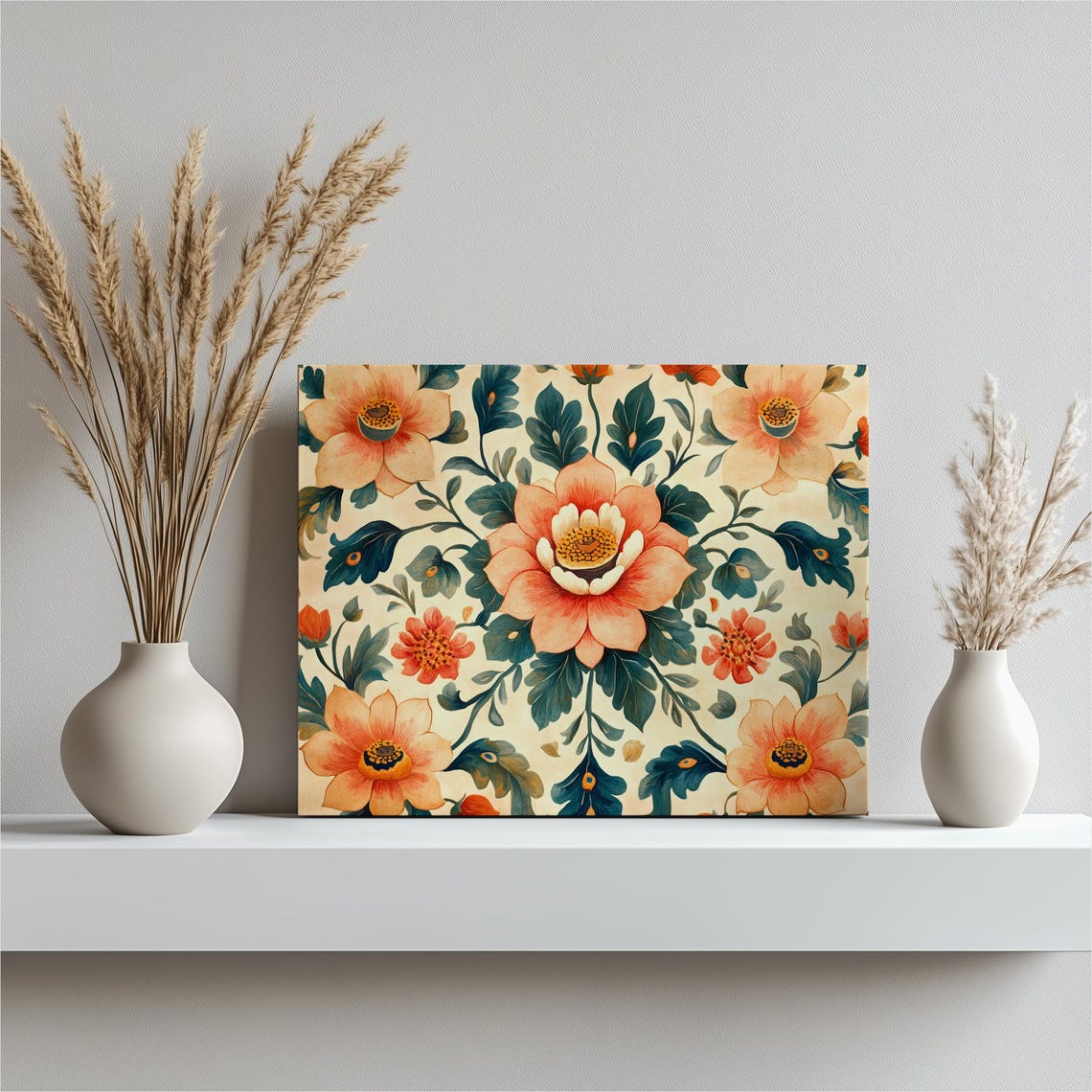 Floral Canvas Wall Art Inspired Peacock Feather Botanical Pattern Print In Vintage Style Beige With Teal And Coral Blooms