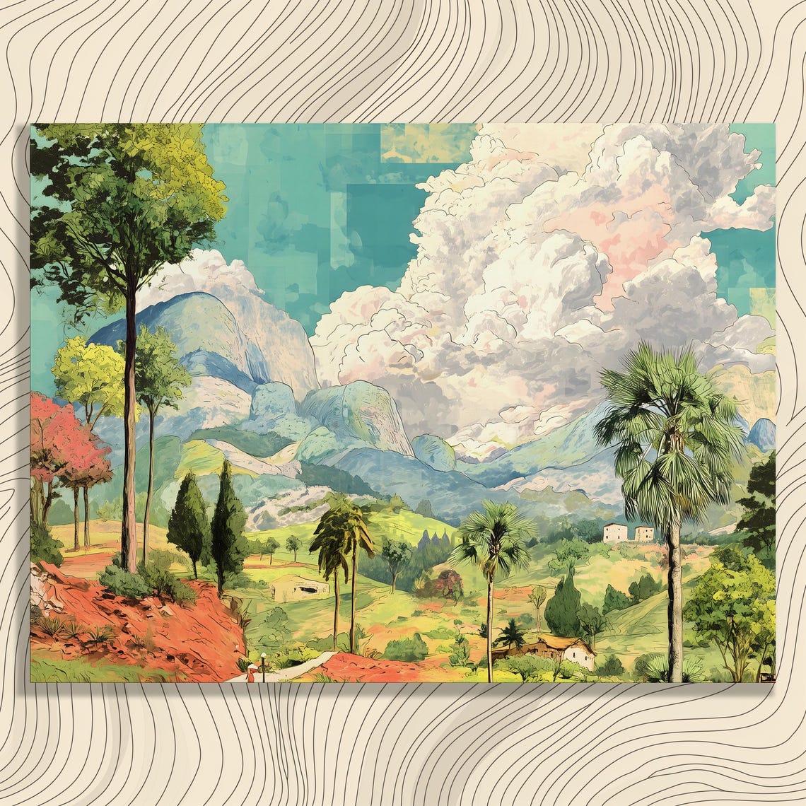 Vibrant Watercolor Mountain Valley Palm Trees Red Earth Road Poster