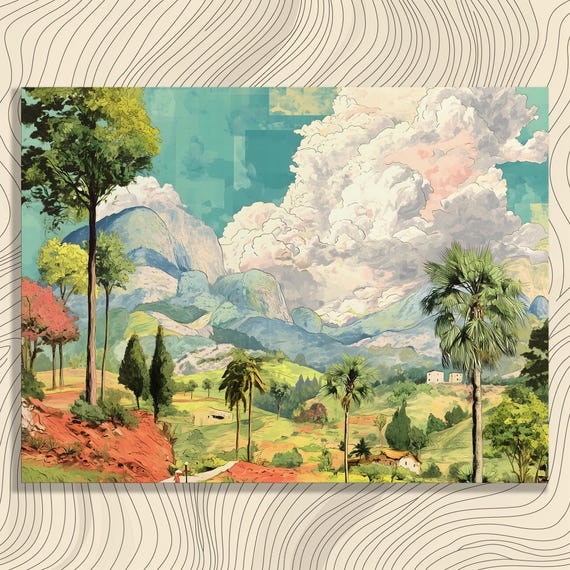 Vibrant Landscape Canvas Wall Art Watercolor Painting Nature Trees Countryside View Rocky Mountain Clouds