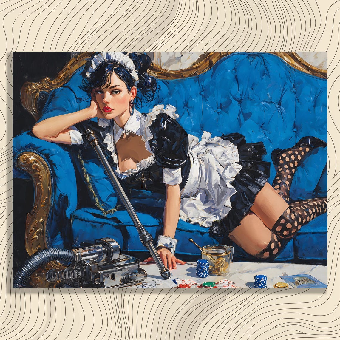 Retro Pinup Maid Poker Night Blue Sofa Vintage French Style Art Print