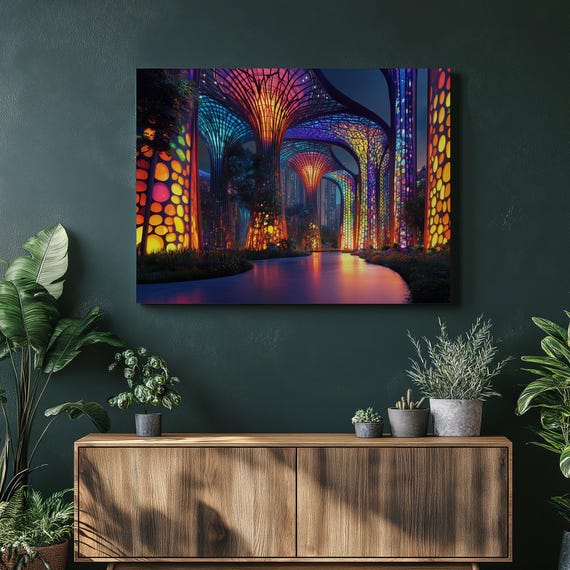 Futuristic Landscape Canvas Wall Art Vibrant Contemporary Decor For Living Room Bedroom Office Abstract Trees Illuminated Patterns