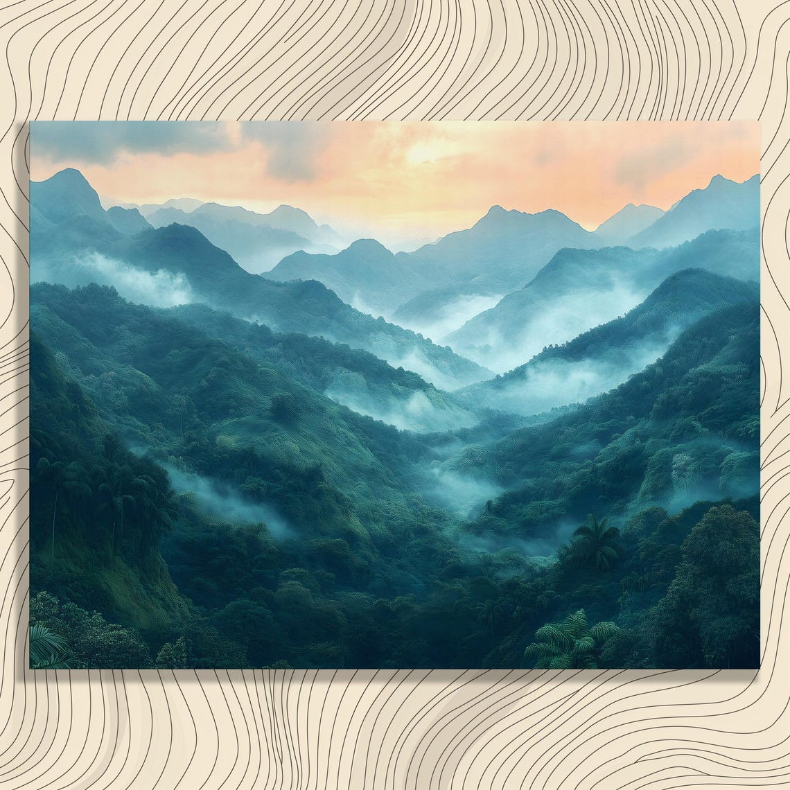 Misty Tropical Mountains Sunrise Foggy Forest Layered Peaks Poster