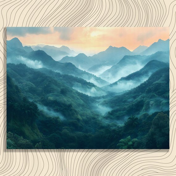 Misty Mountain Sunrise Canvas Wall Art Tropical Landscape Forest Painting With Blue Horizon Scenery For Nature Lovers Ready To Hang