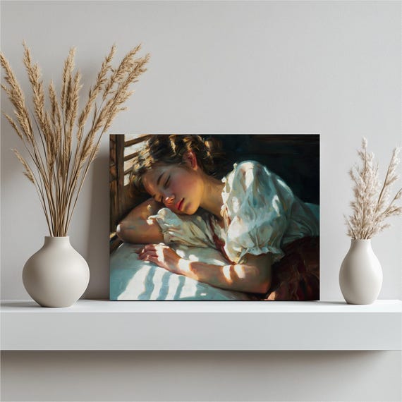 Sleeping Woman Canvas Wall Art Realistic Oil Painting Print Soft Light Decor Sunlit Window Shutters Brown Hair White Blouse