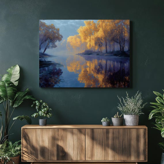 Autumn Lake Forest Canvas Wall Art Blue And Gold Reflection Painting Serene Landscape For House Decor Misty Morning Golden Trees