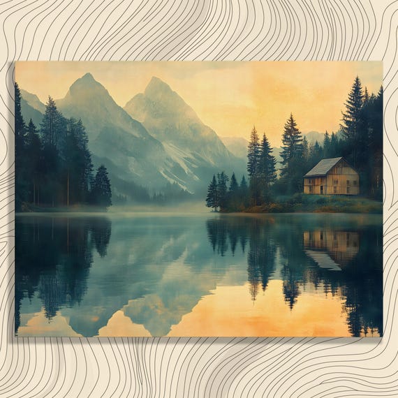 Serene Cabin Lake Canvas Wall Art Vintage Poster And Landscape Artwork Nature Painting Reflection Print Log Cabins Rentals