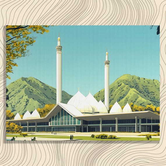 Serene Mosque Landscape Canvas Wall Art Green Mountains Blue Sky Modern Decor Print Architectural Design Gift For Travelers