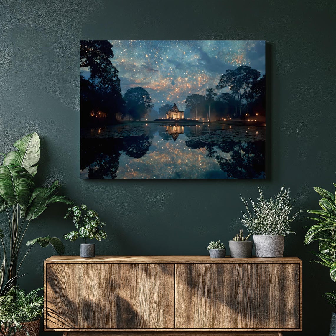 Dreamy Starry Night Ancient Temple Lake Reflection Galaxy Poster