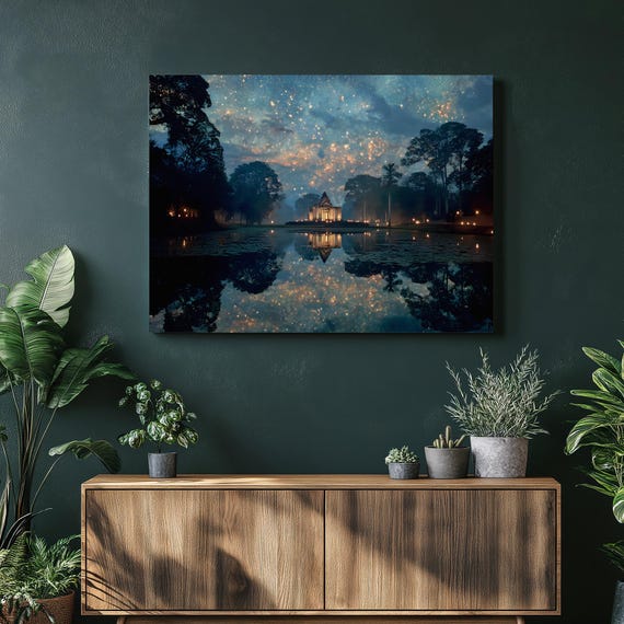 Starry Temple Night Canvas Wall Art Ancient By Lake Reflection Under Sky With Water Lilies Pond Magical Forest