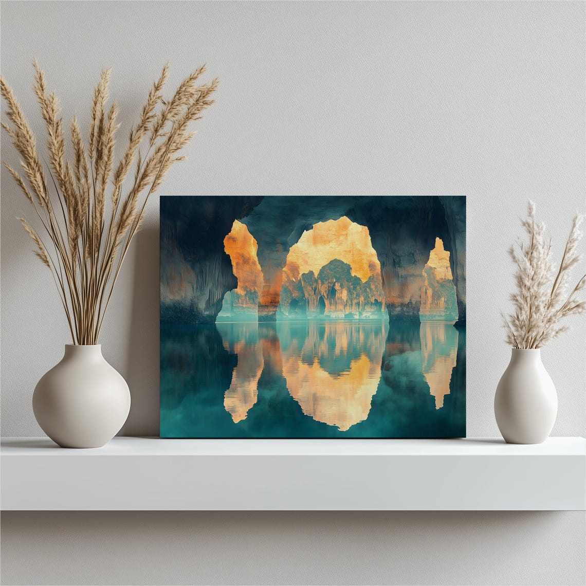 Limestone Cave Lagoon Mirror Reflection Golden Light Canvas Wall Art
