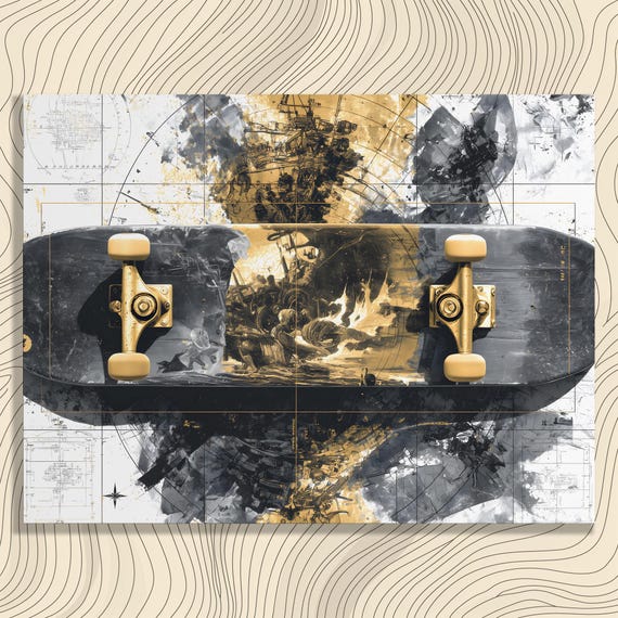 Skateboard Blueprint Canvas Wall Art Industrial Decor Print With Golden Trucks Technical Drawing Compass Motif Ship Battle Urban Style