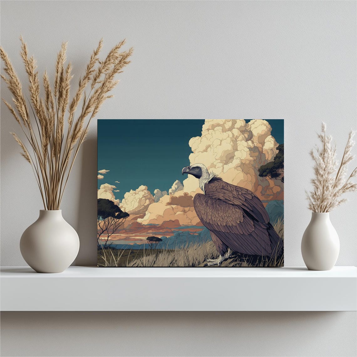 Vulture Bird at Dramatic Sunset Savanna Japanese Style Wildlife Poster