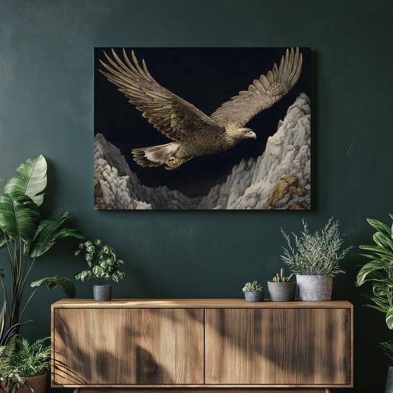 Majestic Eagle Canvas Wall Art Golden Print Wildlife Mountain Decor Nature Gift Outdoor Animal Illustration Scenic Landscape