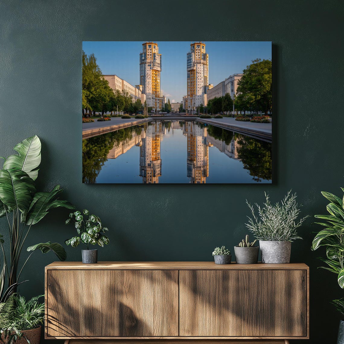 Twin City Towers Mirrored Canal Reflection Urban Skyline Poster