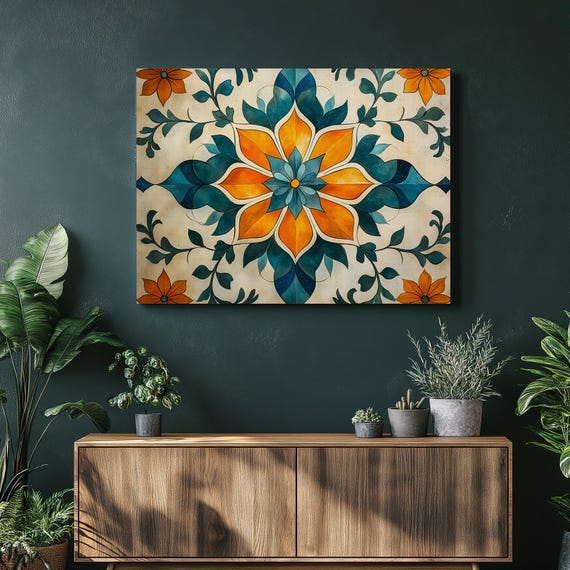 Floral Mandala Canvas Wall Art Geometric Flower Arabesque Pattern In Teal And Orange Botanical Motif For Modern Home Decor Print