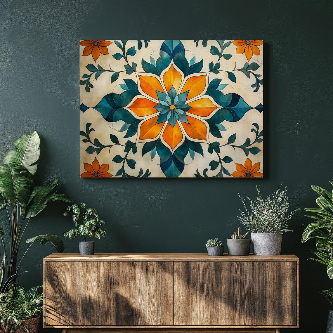 Orange Teal Floral Mandala Geometric Arabesque Canvas Wall Poster
