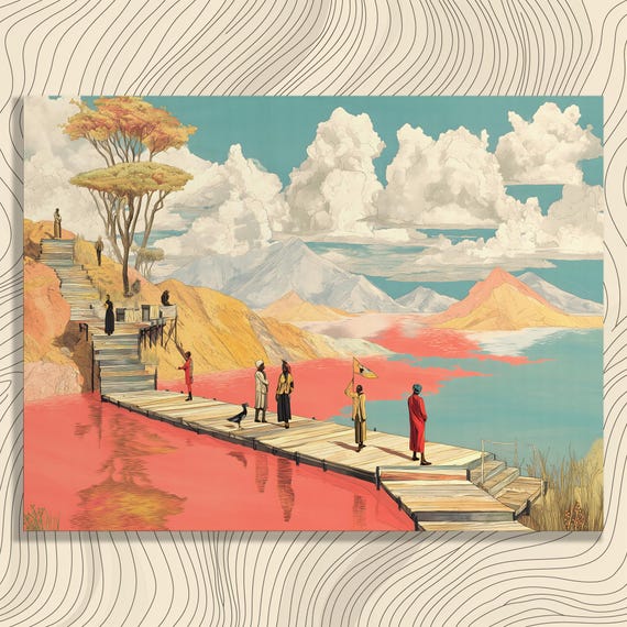 Surreal Red Lake Canvas Wall Art Abstract Landscape Print With Mountain Painting Dreamlike Nature Artwork Surrealist