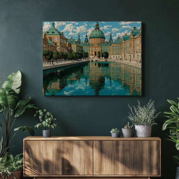 Baroque Palace Reflection Canvas Wall Art Castle Artwork Dome Architecture Manicured Gardens European Decor Canal Reflections Sky Landscap
