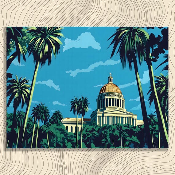 Neoclassical Architecture Canvas Wall Art Tropical Palm Tree Landscape Illustration Print Modern Building Decor Gift For Travelers