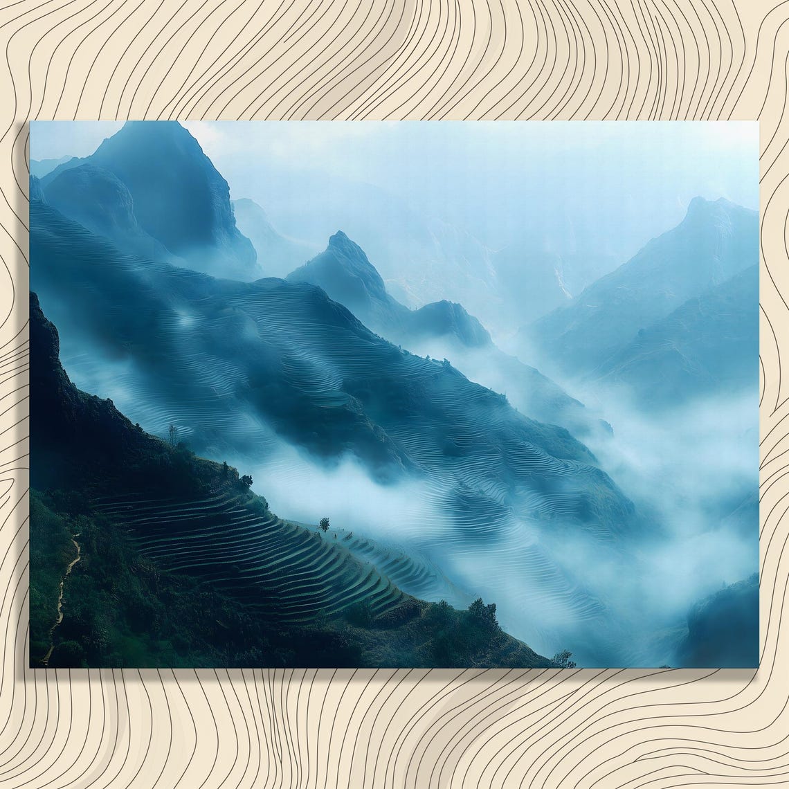 Misty Blue Mountains Terraced Rice Fields Foggy Valley Poster
