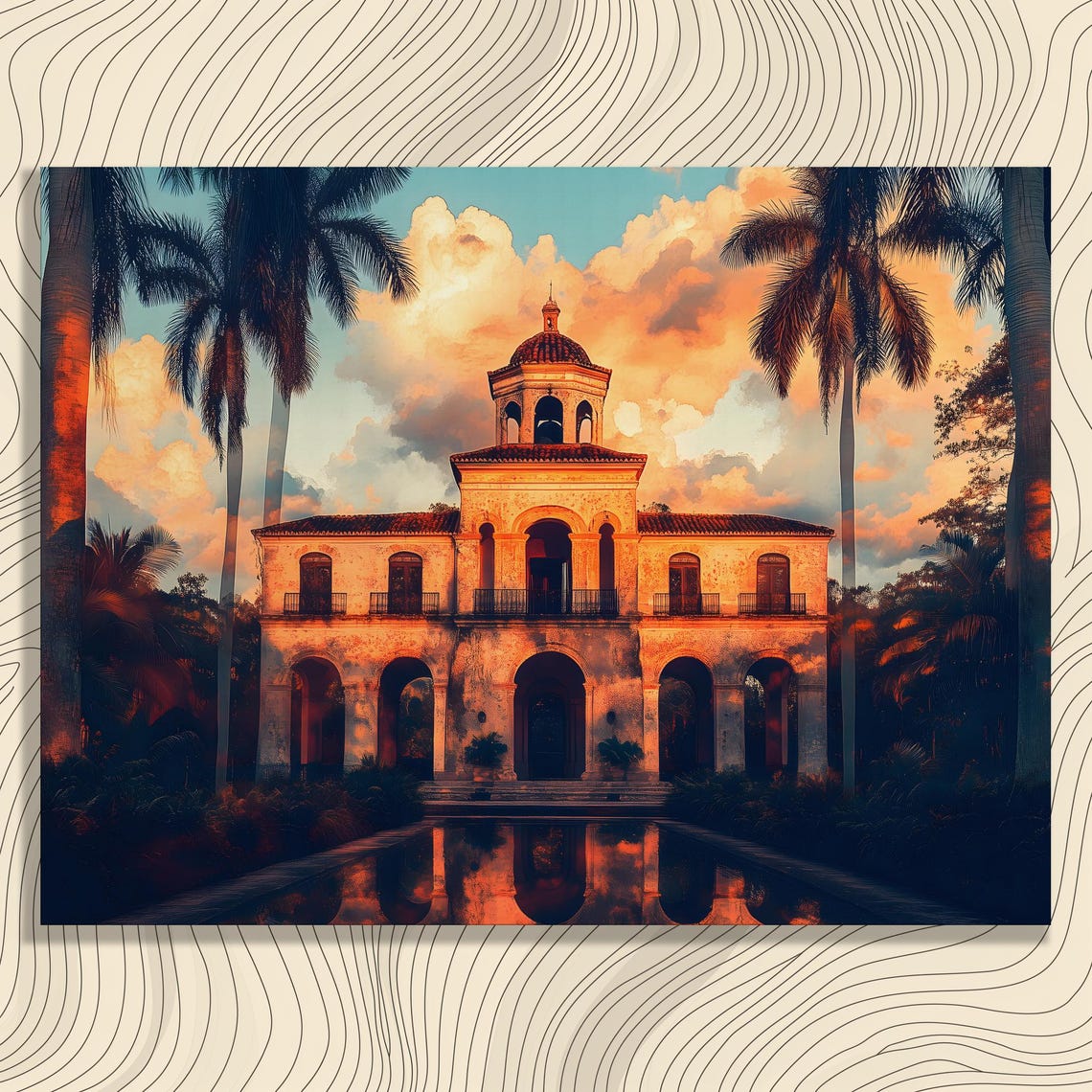 Tropical Villa Sunset With Palm Trees And Reflecting Pool Poster