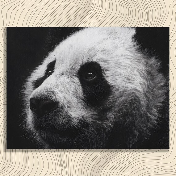 Panda Portrait Canvas Wall Art Hyperrealistic Monochrome Wildlife Bear Decor With Finely Detailed Fur Modern Nature Inspired Close View