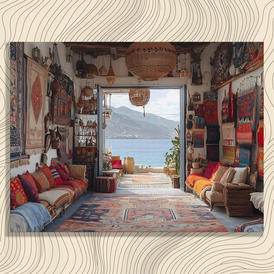Vibrant Boho Canvas Wall Art Colorful Folk Textile Print Ocean View Decor Gift Abstract Coastal Multicolor Pattern Bohemian Eclectic