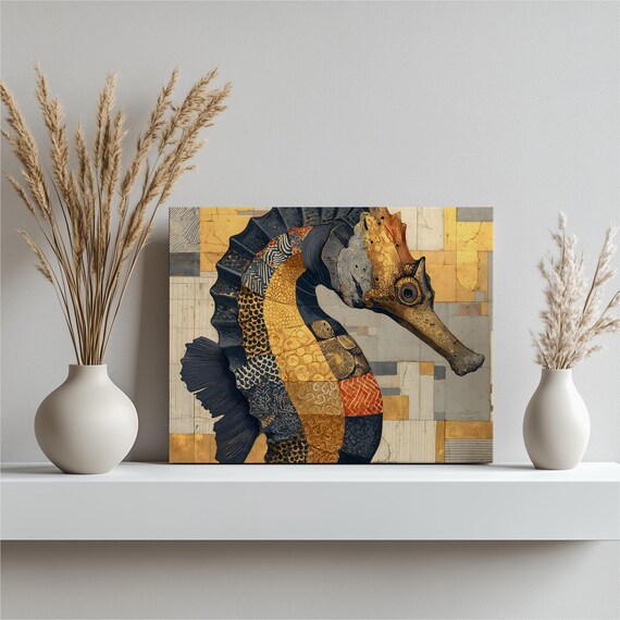 Seahorse Mosaic Patchwork Gold Black Coastal Collage Art Poster