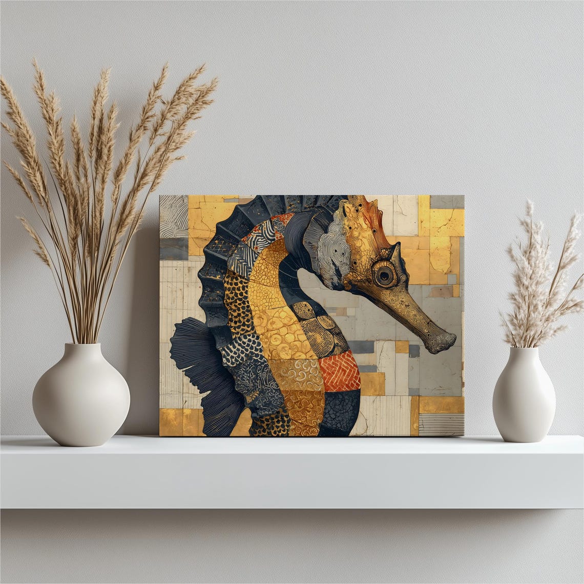 Seahorse Mosaic Patchwork Gold Black Coastal Collage Art Poster