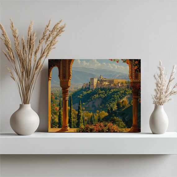 Spain Canvas Wall Art Nostalgic View Of Alhambra Detailed Illustration Realistic Spanish Decor Interior Design Flamenco Dance High