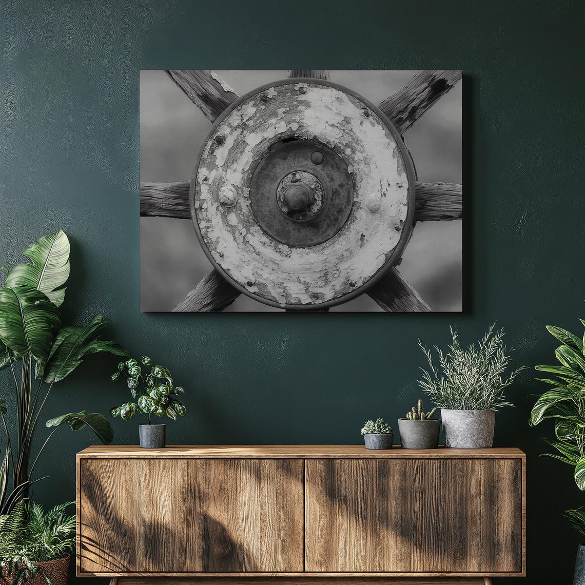 Antique Wagon Wheel Hub Black White Close Up Rustic Farmhouse Wall Art