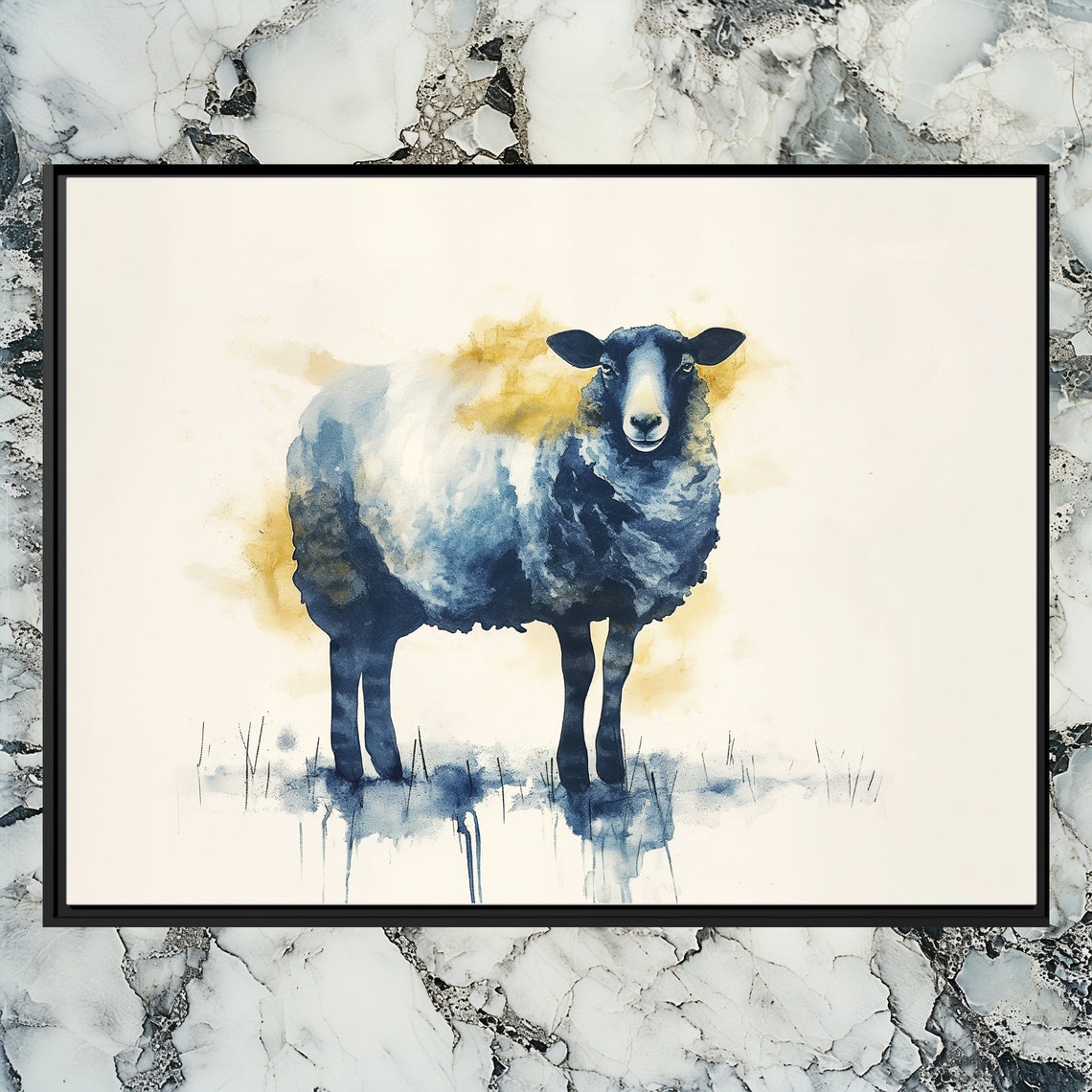 Sheep Watercolor Farm Animal Portrait Blue Gold Rustic Nursery Poster