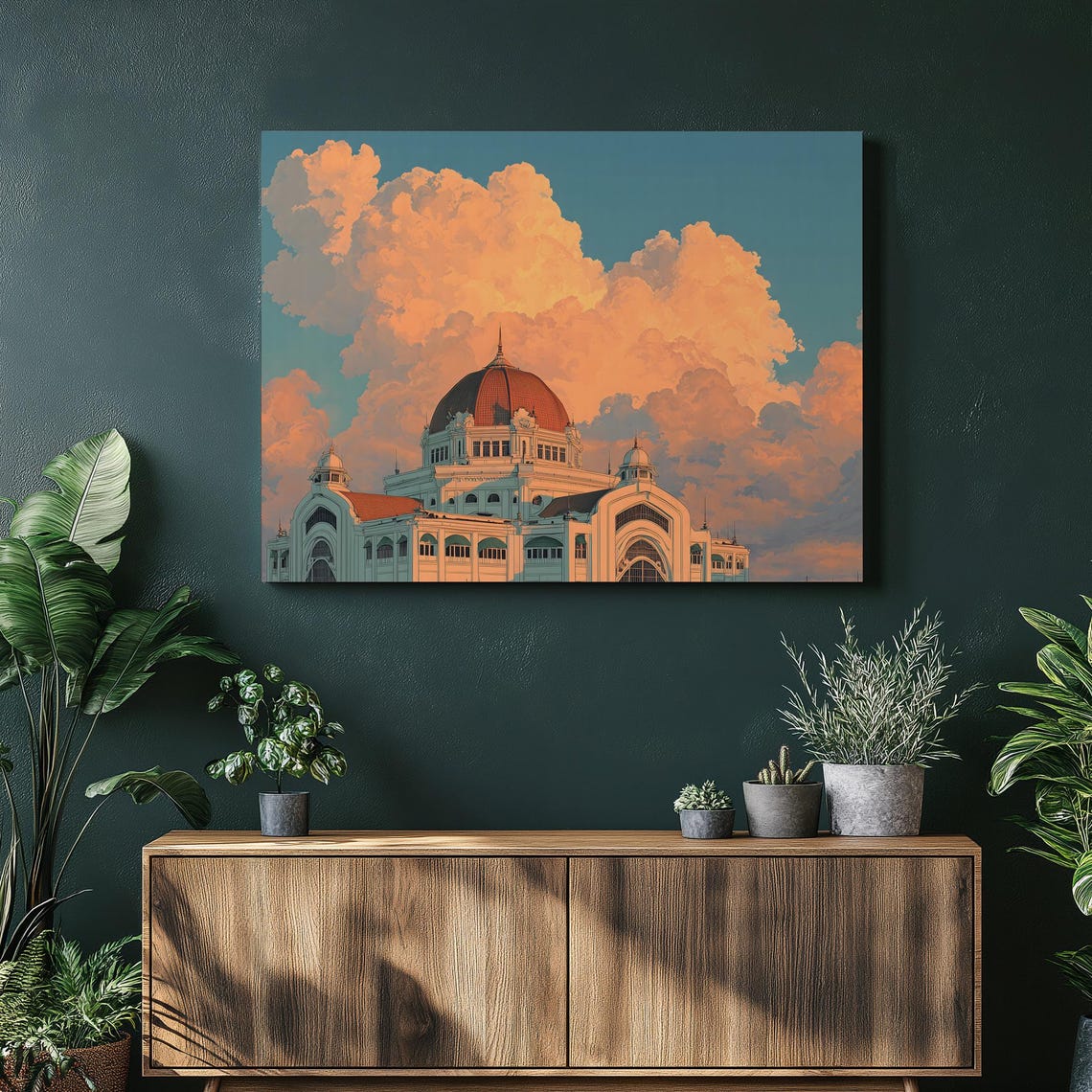 Neoclassical Domed Building Sunset Dramatic Clouds Cityscape Poster