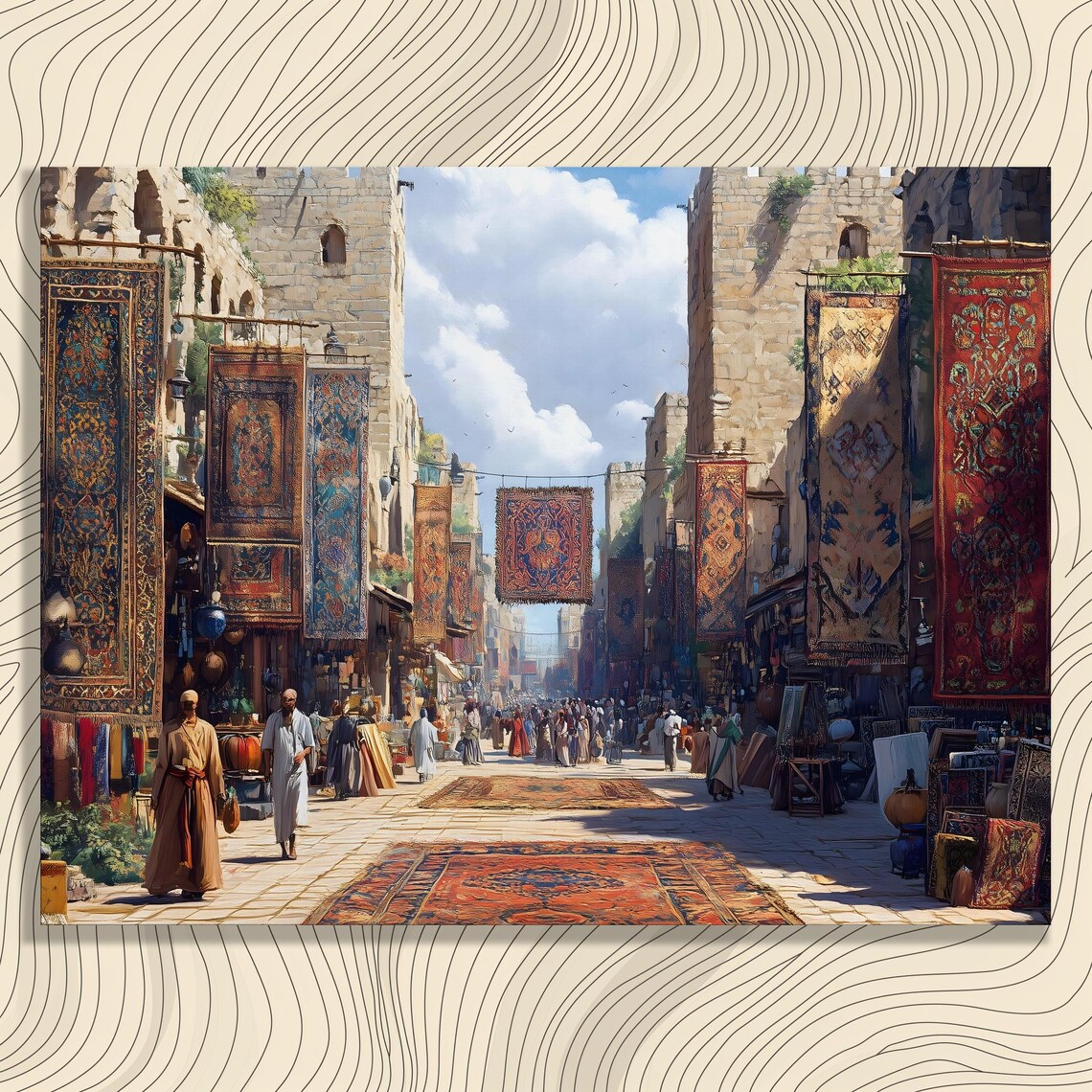 Oriental Bazaar Colorful Rug Market Street Travel Scene Poster