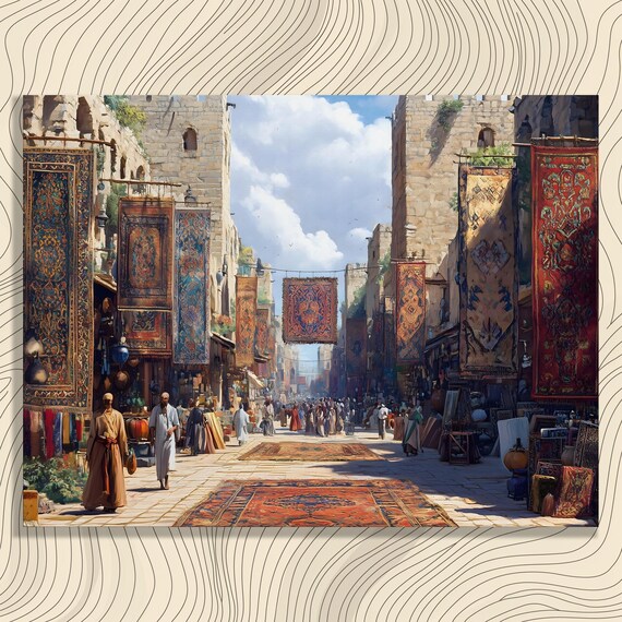 Oriental Bazaar Colorful Rug Market Street Travel Scene Poster