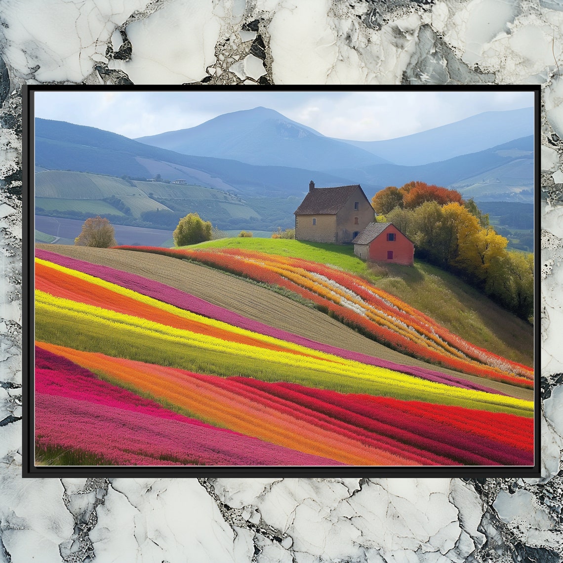 Colorful Flower Fields Farmhouse French Countryside Hills Poster